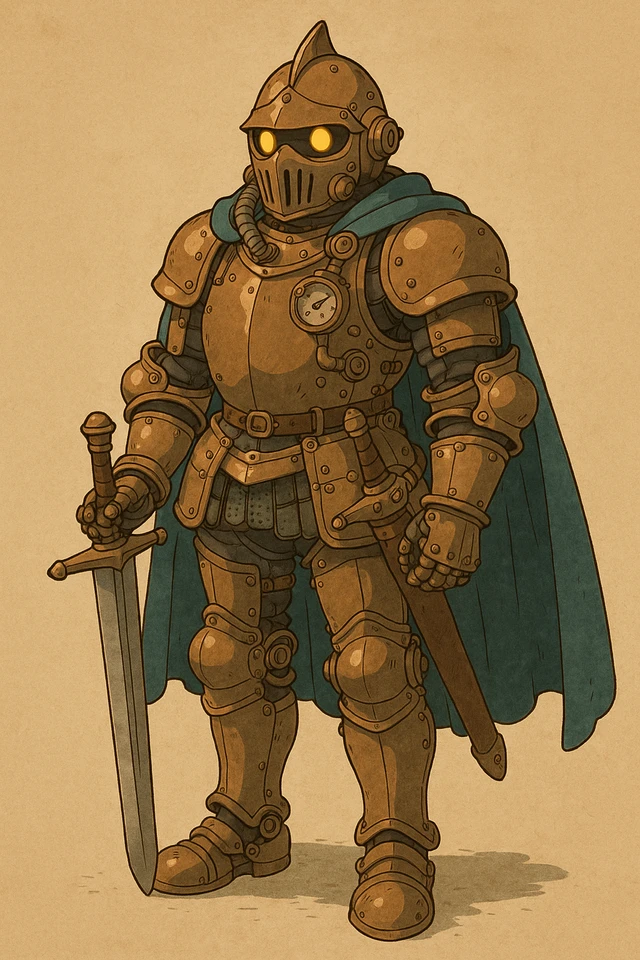 An AI-generated illustration of an armored knight with a cape and sword, saved as a PNG