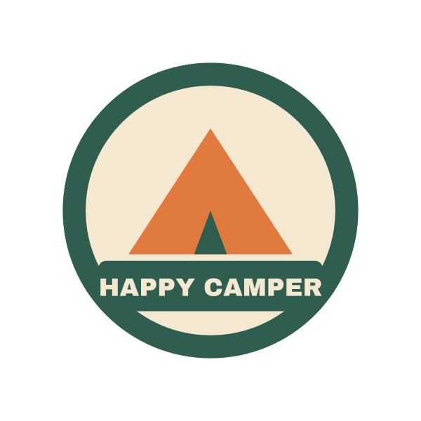 A three-color camping badge with a tent and the words HAPPY CAMPER, saved as a PNG