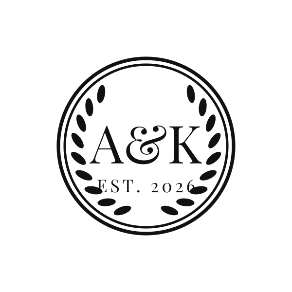 A one-color monogram reading A&K inside a laurel wreath, saved as a PNG